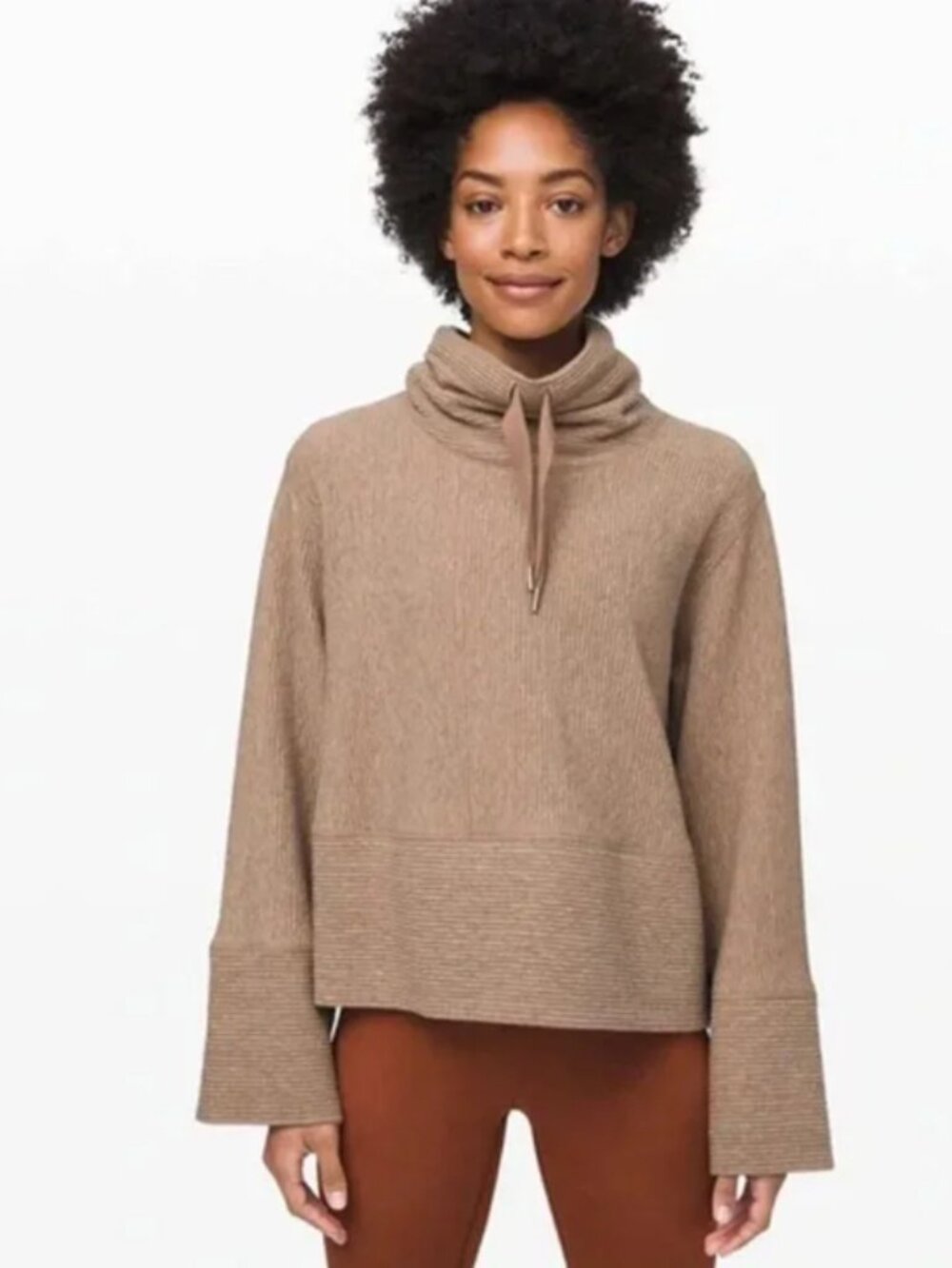 Lululemon | Taupe Retreat Yourself Textured Funnel Neck Bell Sleeve Pullover M/L